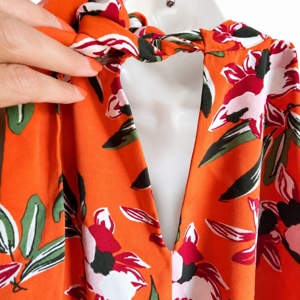 Sam Edelman Floral Halter Maxi Dress Orange Tiered Keyhole Back Tie Wedding 6 - Picture 8 of 11